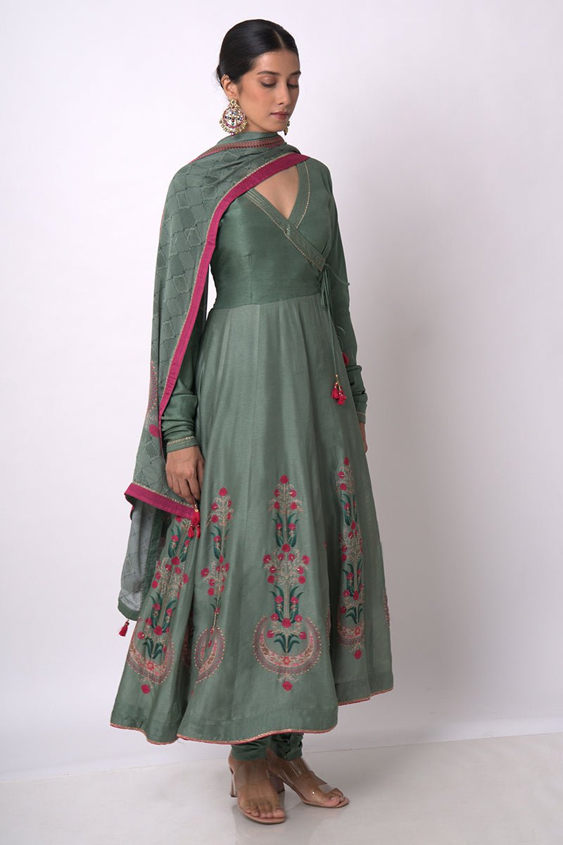Women's Aspen Green Raw Silk Anarkali Salwar Suit