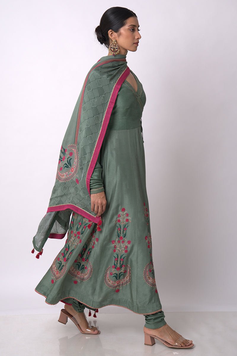 Women's Aspen Green Raw Silk Anarkali Salwar Suit