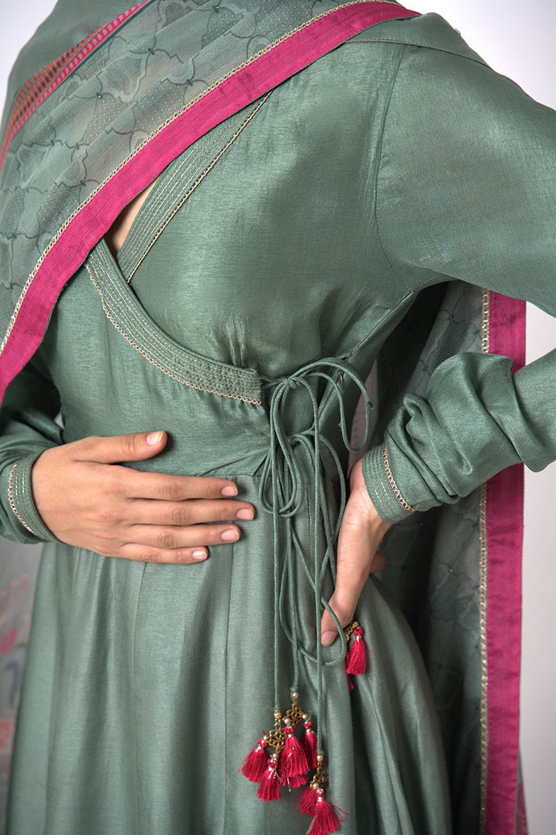 Women's Aspen Green Raw Silk Anarkali Salwar Suit