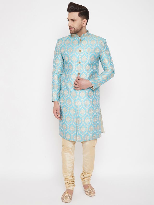 Men's Aqua Silk Blend Straight Sherwani Set