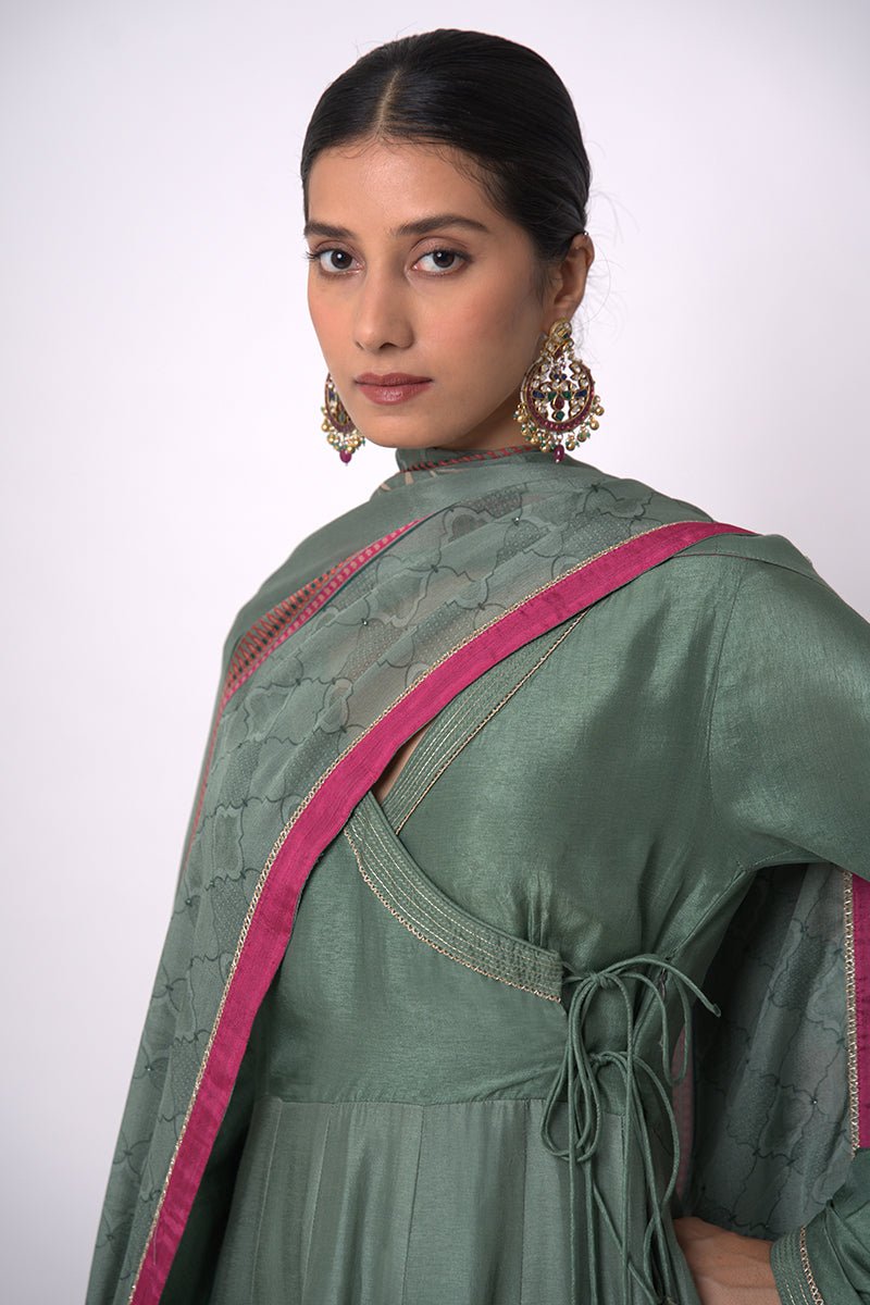 Women's Aspen Green Raw Silk Anarkali Salwar Suit