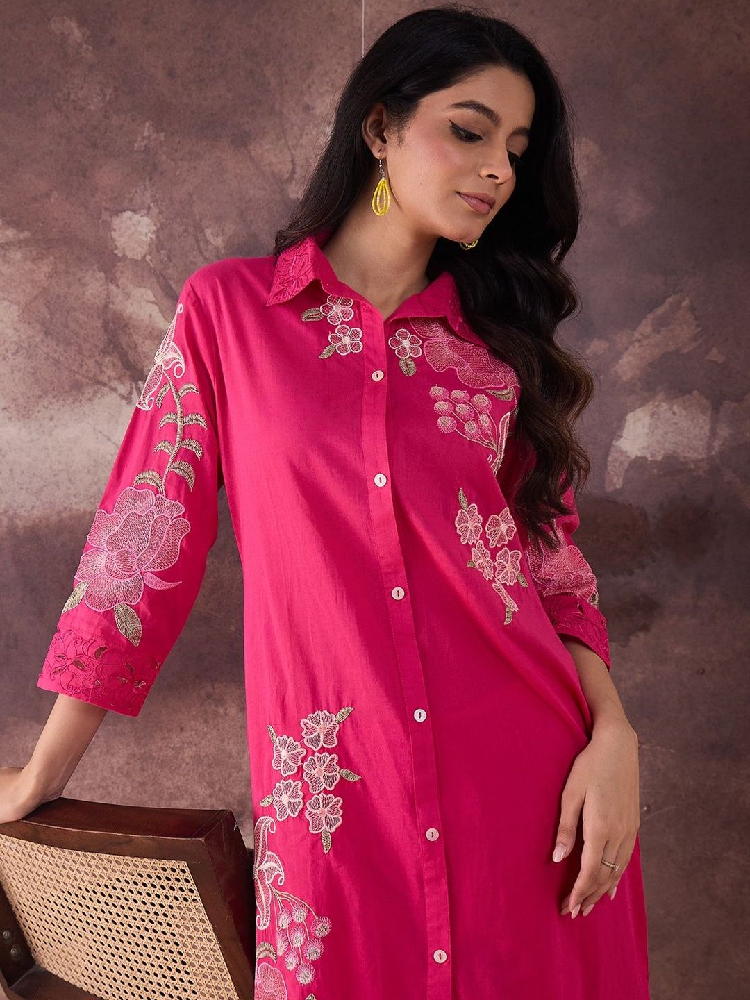 Floral Embroidered Thread Work Pure Cotton Kurta With Trouser