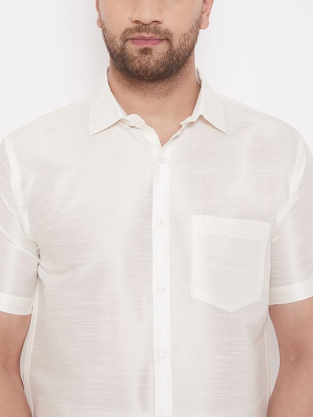Men's Cream Silk Blend Straight Shirt And Mundu