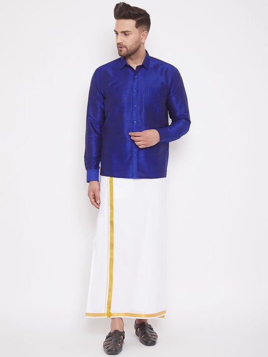 Men's Blue Silk Blend Straight Shirt And Mundu