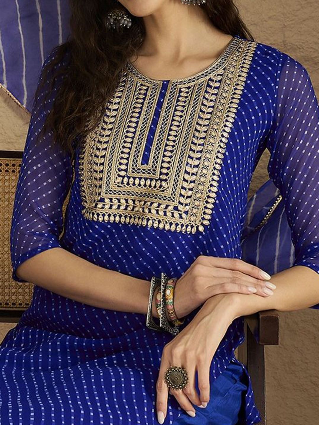 Dhiyona VA Women'sBandhani Printed Silk Georgette Round Neck Straight Kurta With Trousers & Dupatta