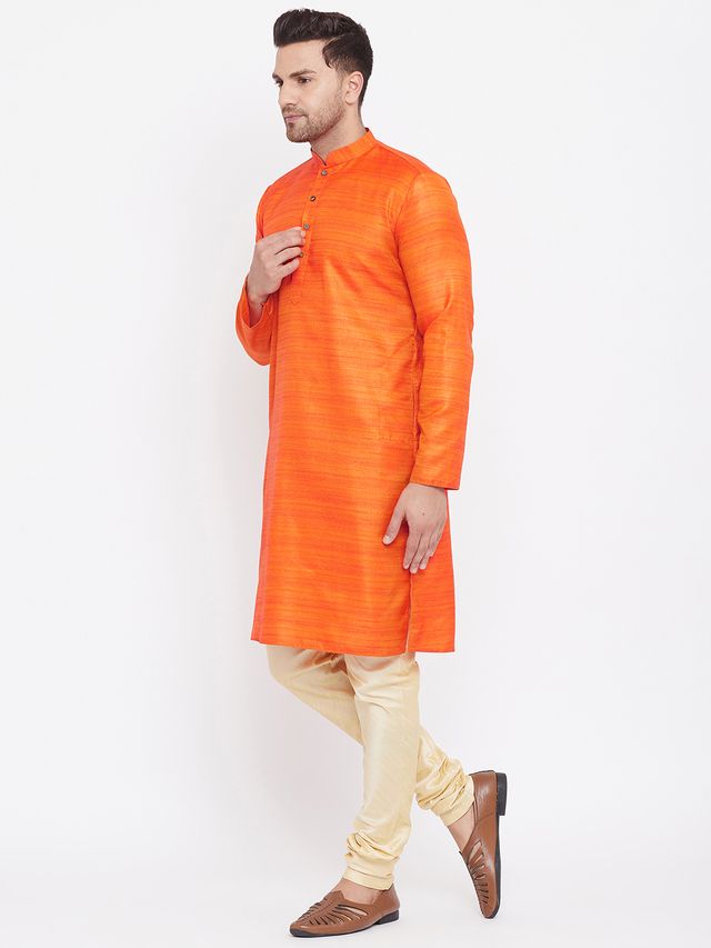 Men's Orange Silk Blend Straight Kurta Pyjama Set
