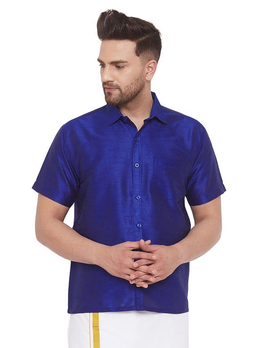 Men's Blue Silk Blend Straight Shirt And Mundu