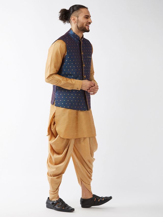 Men's Rose Gold Silk Blend Straight Jacket Kurta and Dhoti Set