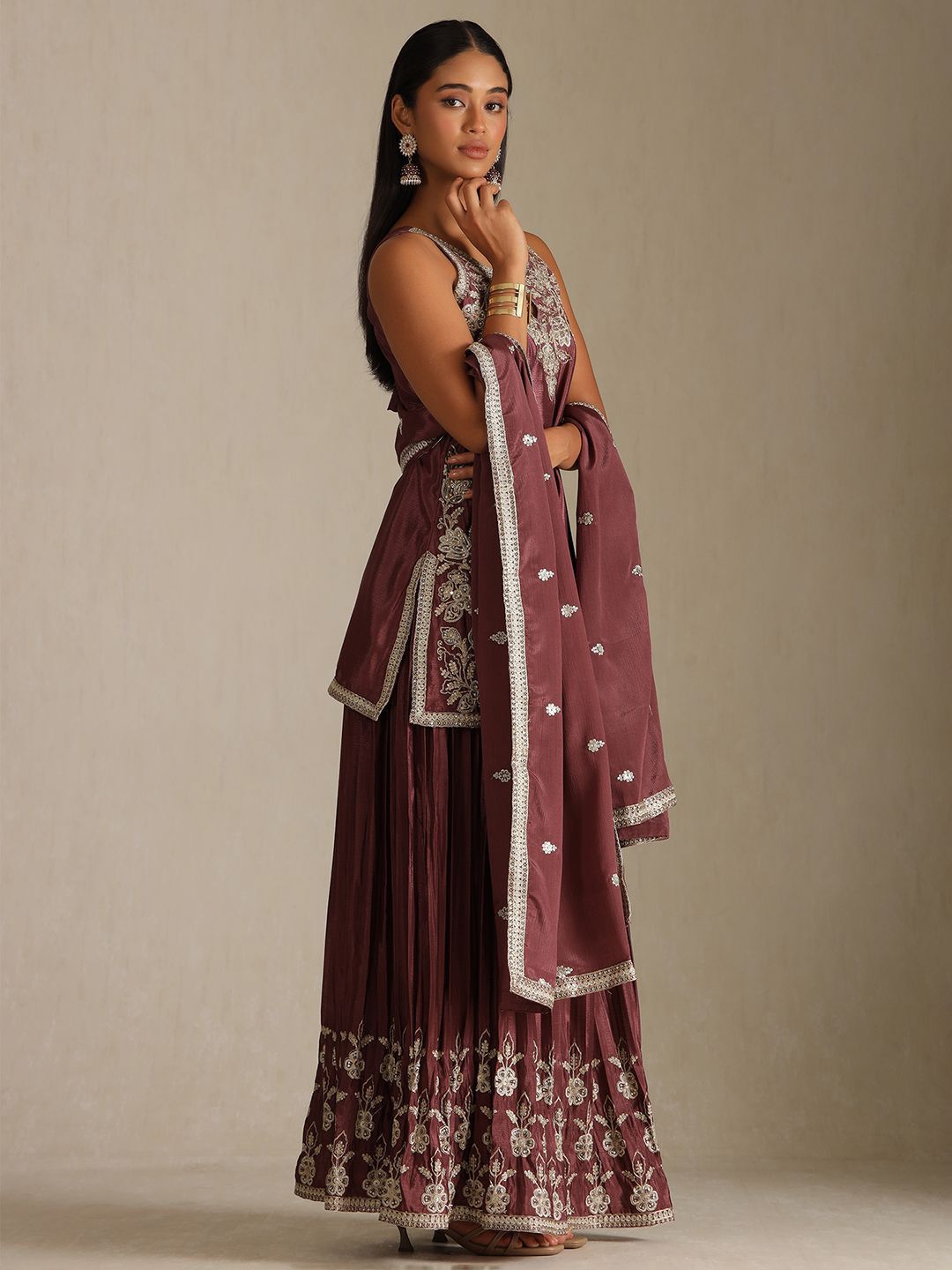 Dhiyona SO Women's Floral Embroidered Chinon Shoulder Straps Straight Kurta with Palazzos & Dupatta