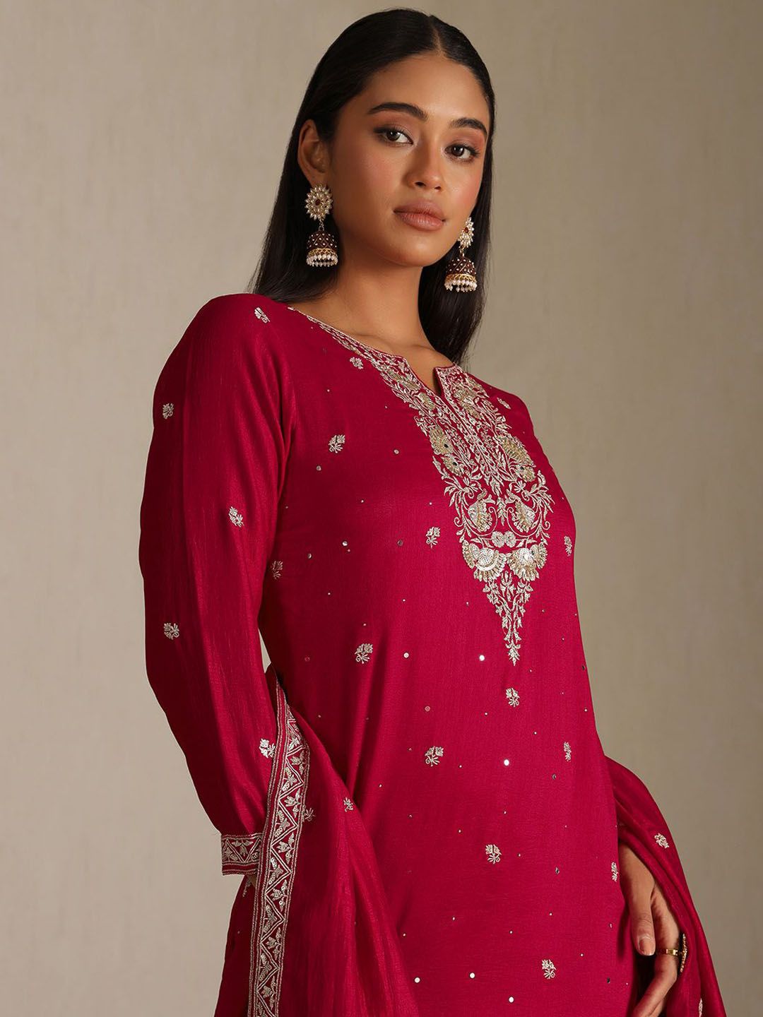 Dhiyona SO Women's Ethnic Motifs Embroidered Notch Neck Straight Kurta With Trouser & Dupatta
