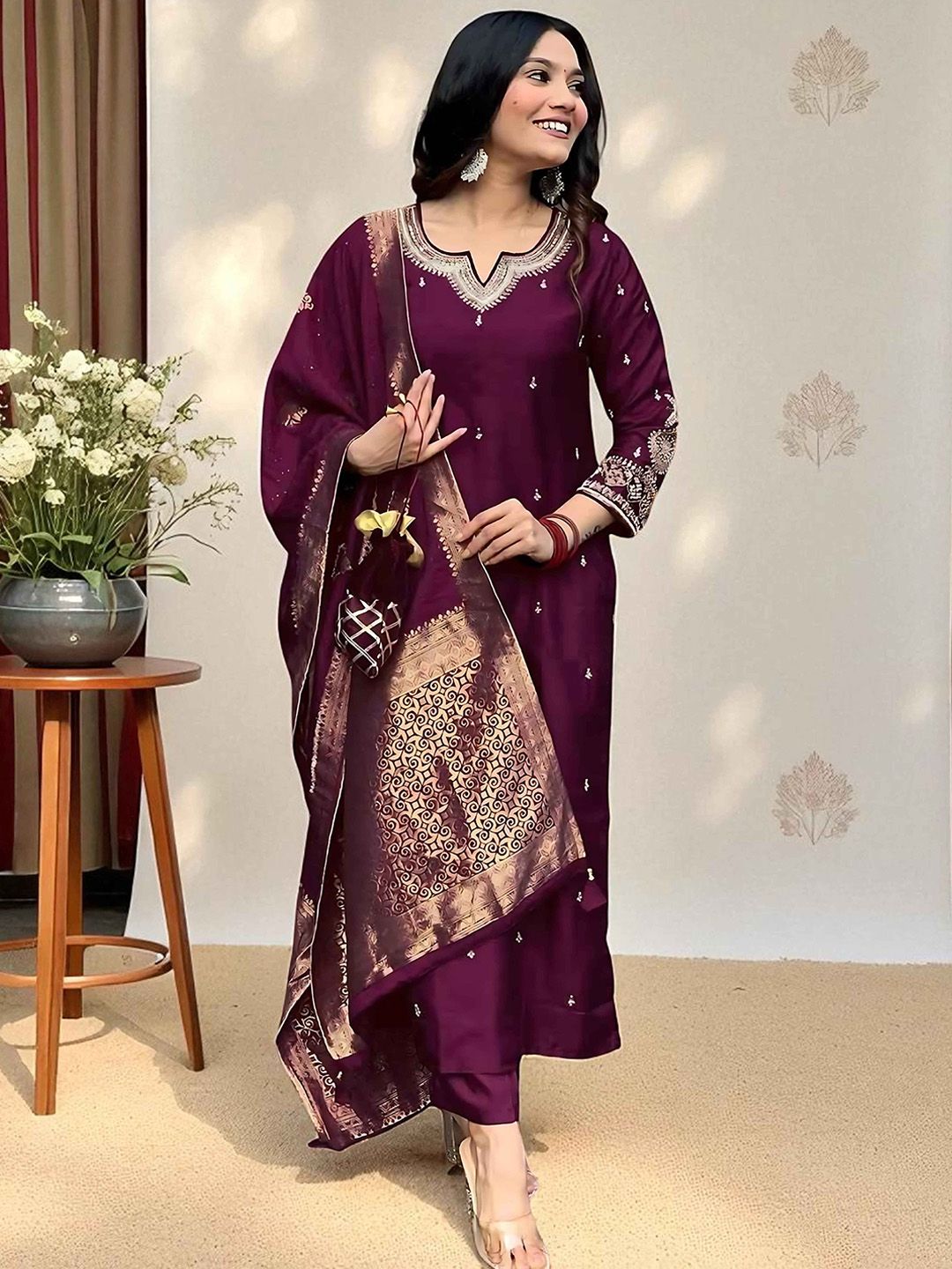 Dhiyona SN Women's Ethnic Motifs Embroidered Sequinned Straight Kurta & Pyjamas With Dupatta