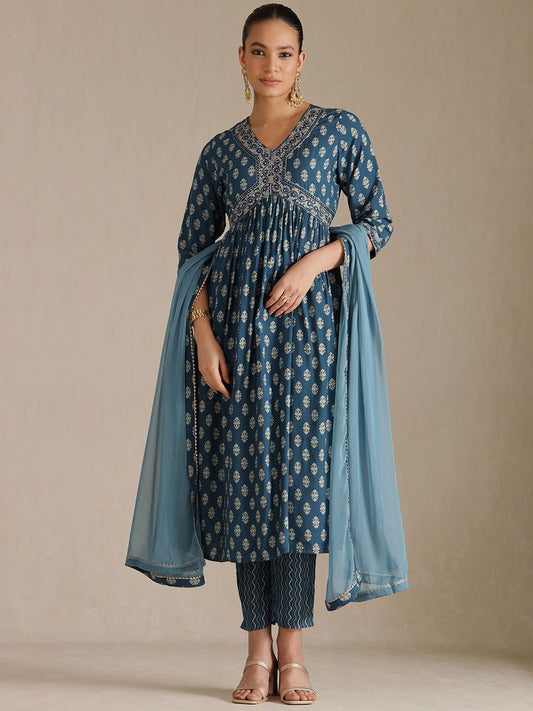 Dhiyona SO Women's Floral Printed V-Neck Empire Sequinned A-Line Kurta With Trouser And Dupatta