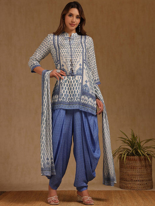 Dhiyona SO Women's Floral Printed Mandarin Collar Muslin Straight Kurti With Dhoti Pants & Dupatta