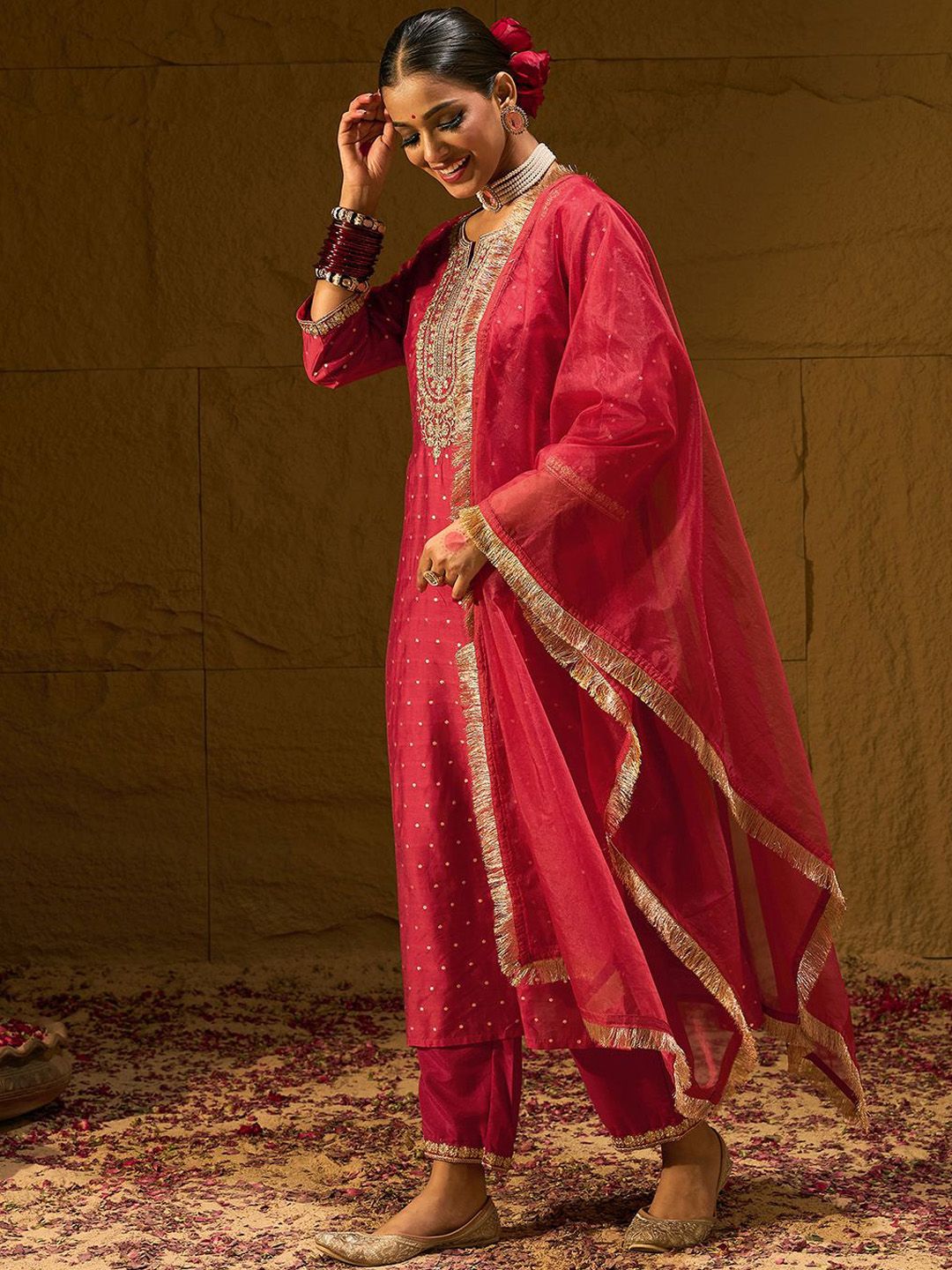 Dhiyona IE Ethnic Motifs Embroidered Chanderi Silk Straight Kurta With Trousers & Dupatta
