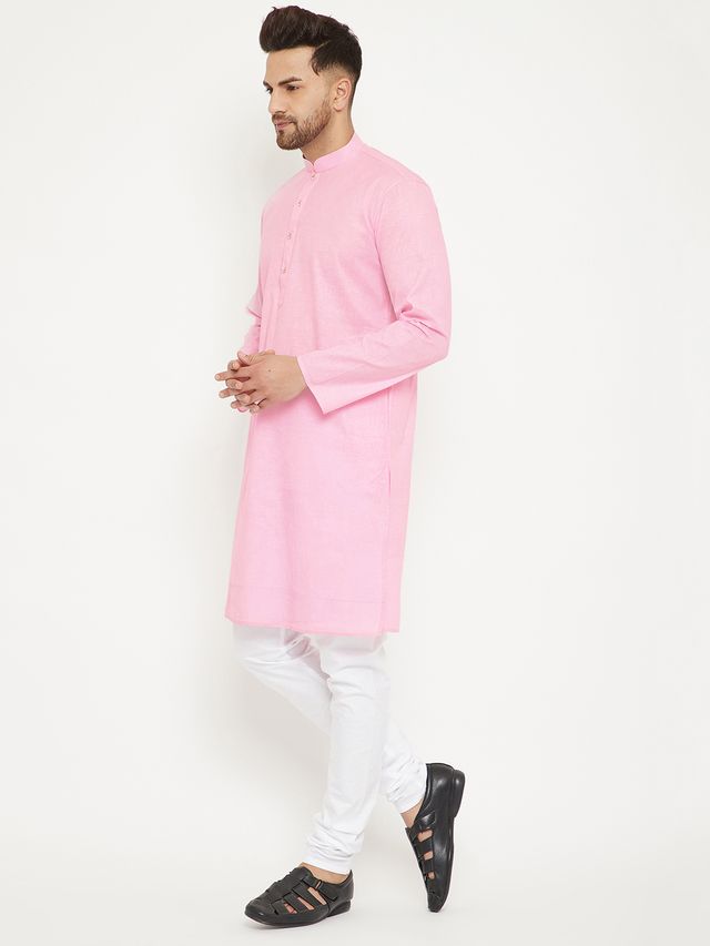 Men's Pink Cotton Blend Straight Kurta Pyjama Set