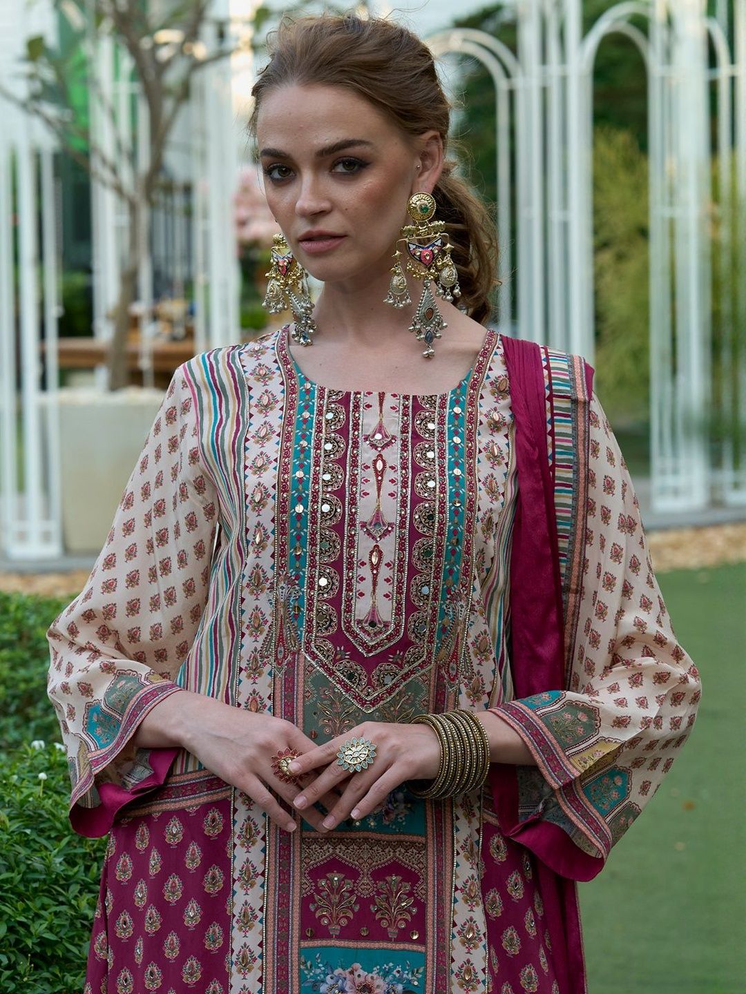 Women Printed Regular Mirror Work Kurta with Palazzos & With Dupatta