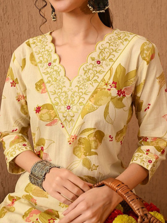 Women's Floral Printed Regular Thread Work Pure Cotton Kurta with Trousers & With Dupatta