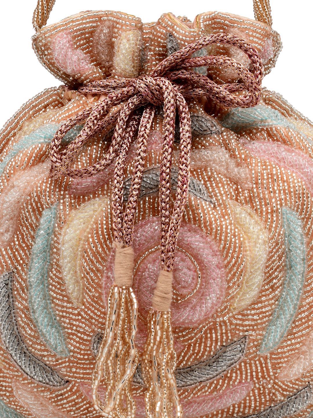 Dhiyona NR Dangle Coral Blossom & Pastel Multi Rose Embellished Faux Silk Potli