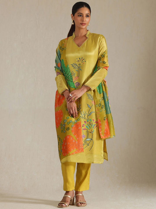 Dhiyona SO Women's Floral Printed Thread Work Mandarin Collar Straight Kurta With Trousers & Dupatta