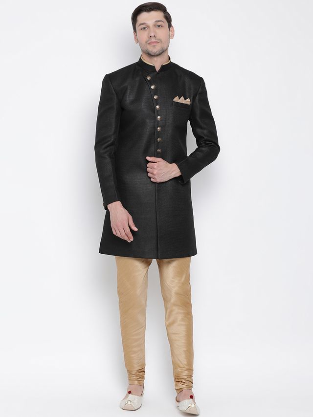 Men's Black Polyester Lurex Blend Straight Sherwani Set