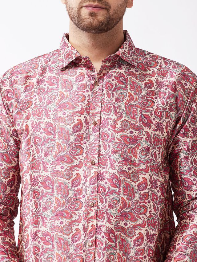 Men's MulticolorBasePink Silk Blend Straight Shirt And Mundu
