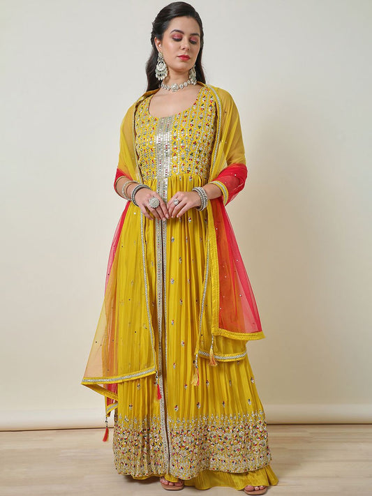 Dhiyona SO Women's Women Alina Cut Ethnic Motifs Embroidered Pleated Sequinned Kurta with Palazzos & With Dupatta