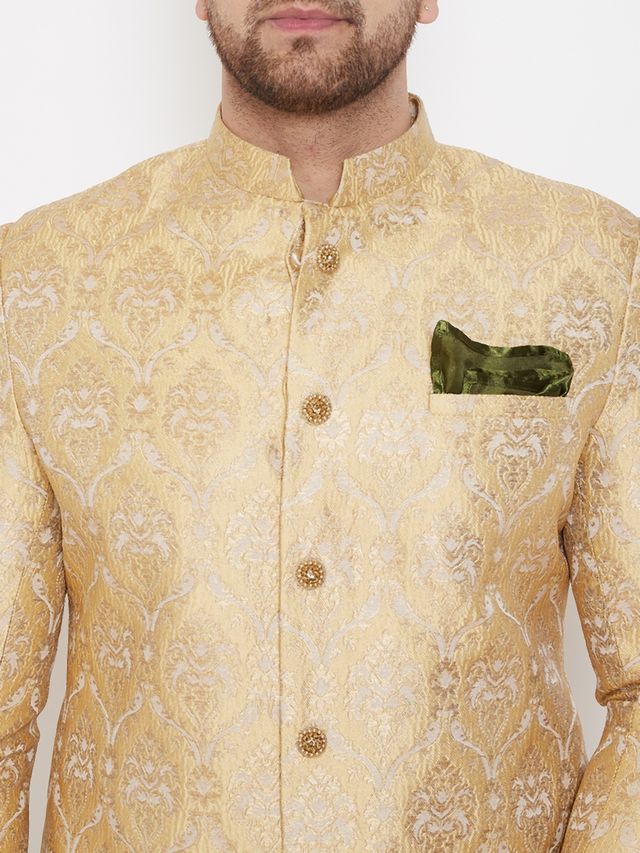 Men's Gold Silk Blend Straight Sherwani Set