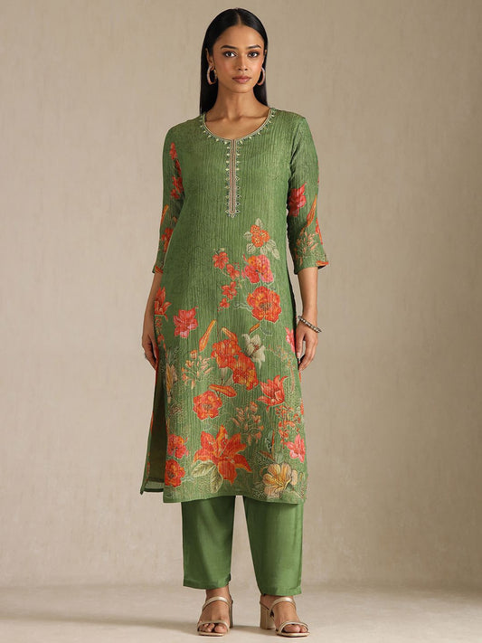 Dhiyona SO Women's Floral Printed Mirror Work Straight Kurta with Trouser