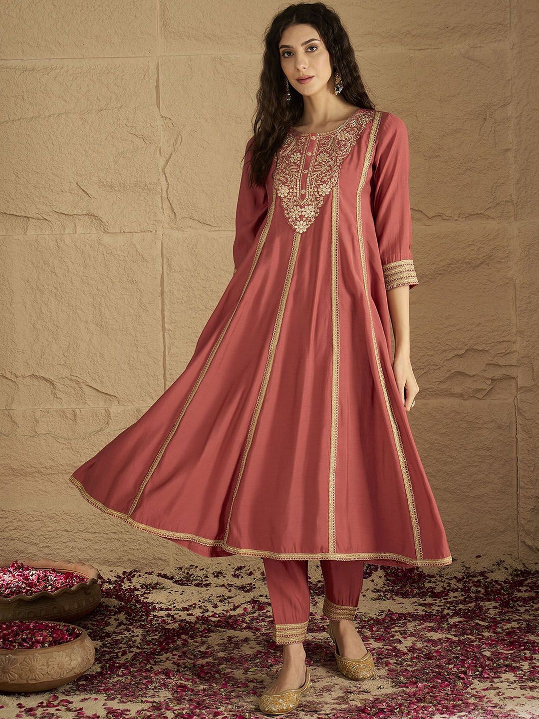 Dhiyona VA Women's Ethnic Motifs Embroidered Panelled Kurta with Trousers & Dupatta