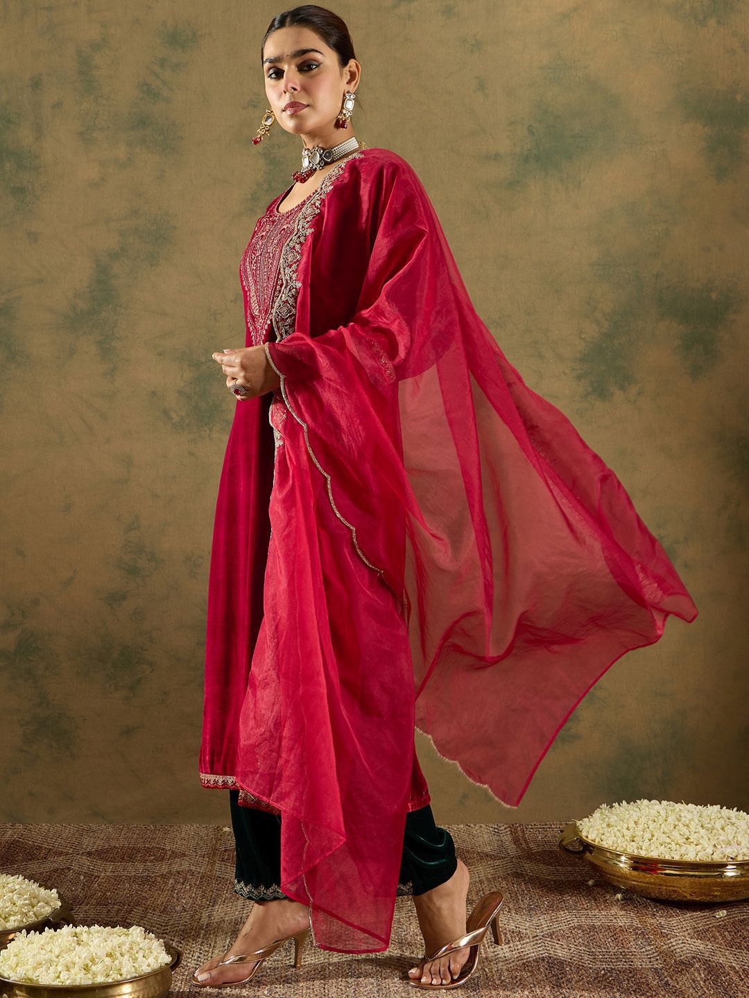 Dhiyona IE Ethnic Motifs Embroidered Regular Velvet Straight Kurta with Trousers & Dupatta