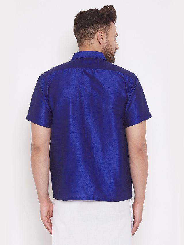 Men's Blue Silk Blend Straight Shirt And Mundu
