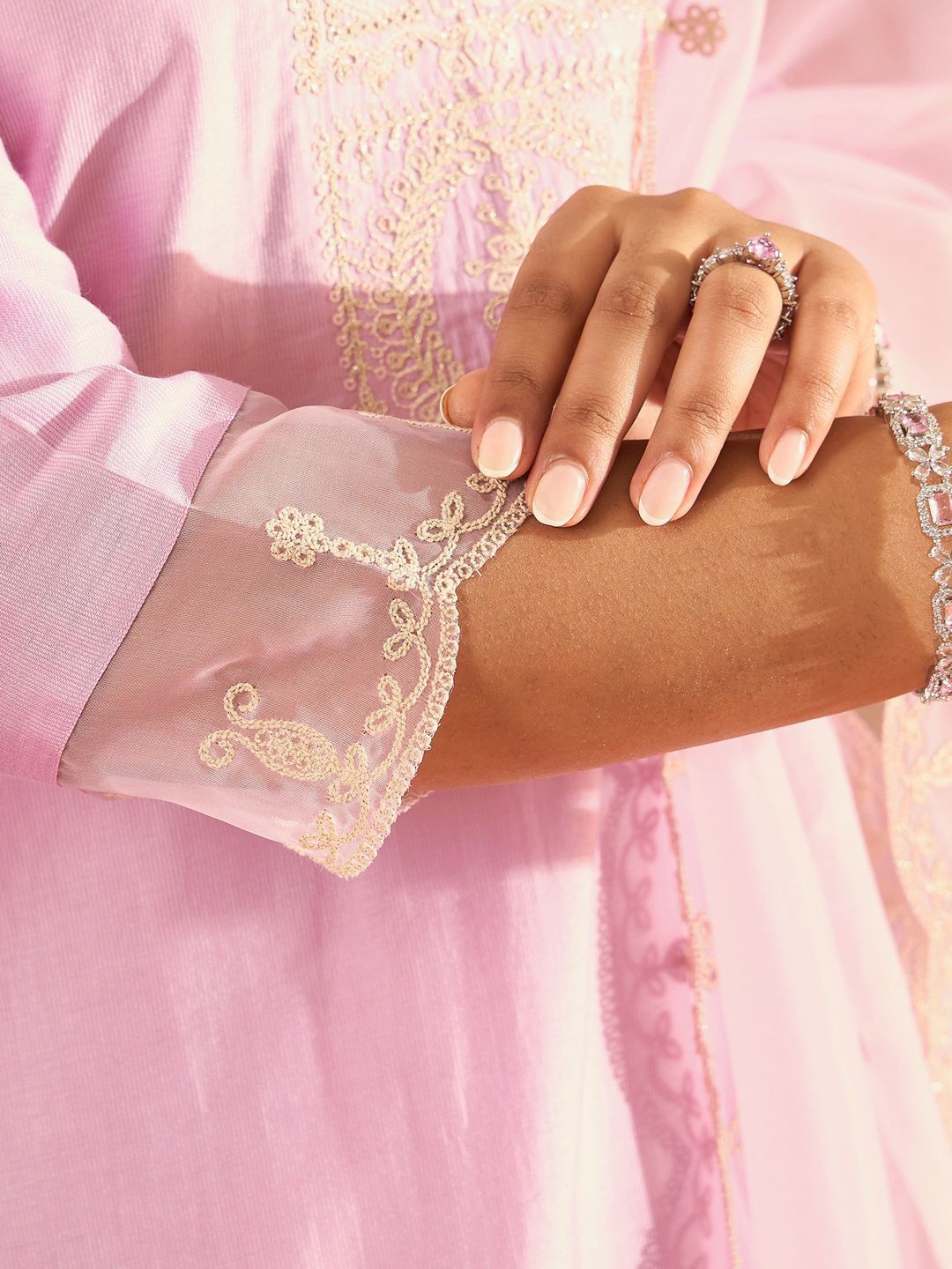 Dhiyona IE Floral Yoke Design Straight Sequinned Liva Kurta with Trousers & Dupatta