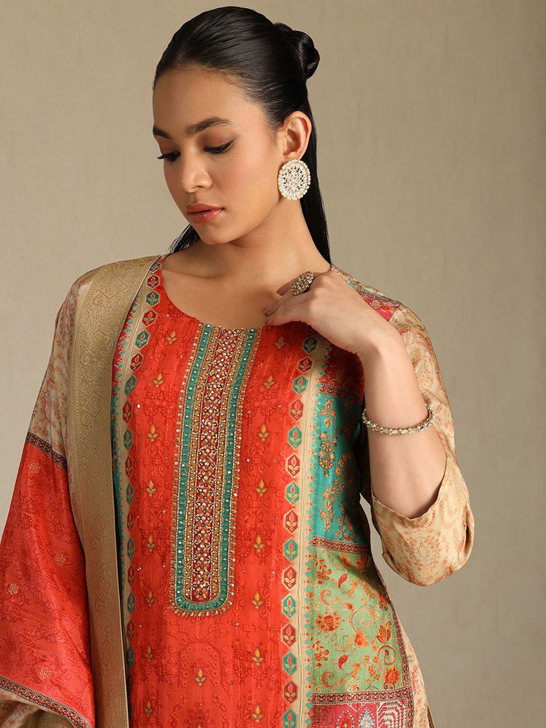 Dhiyona SO Women's Floral Printed Round Neck Sequinned Straight Kurta With Trousers & Dupatta