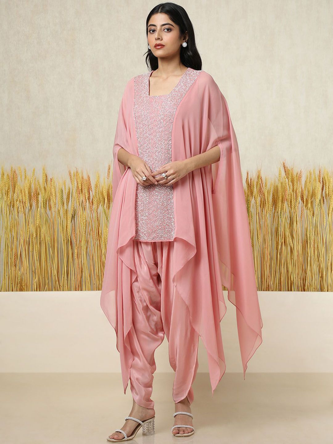 Dhiyona SO Women's Chevron Embroidered Square Neck Georgette Layered A-Line Kurti With Dhoti Pants