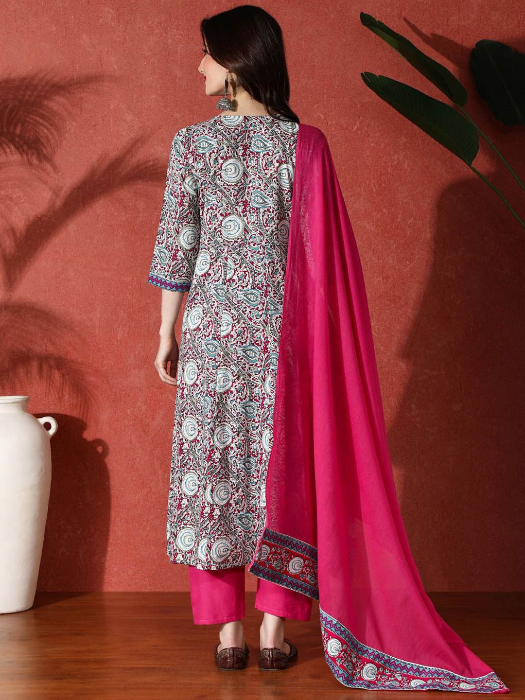 Dhiyona SN Women's Paisley Printed & Embroidered Pure Cotton A-Line Kurta & Trousers With Dupatta