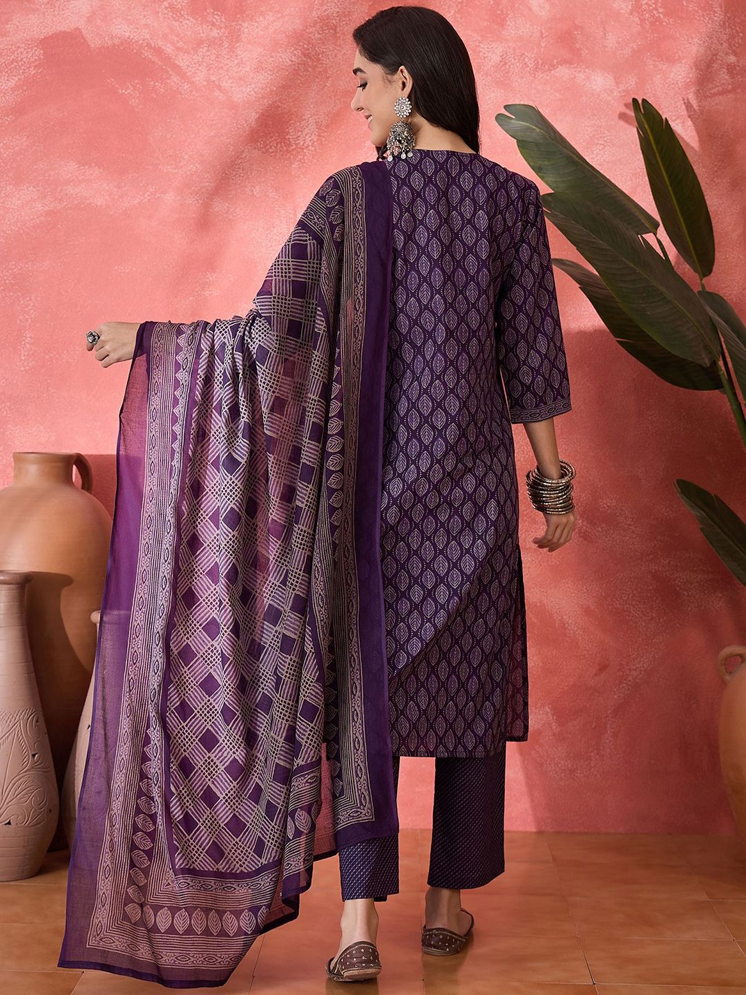Dhiyona SN Women's Floral Printed Pure Cotton Straight Kurta With Trousers & Dupatta