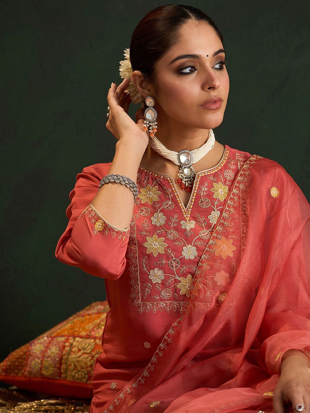 Dhiyona IE Orange Floral Embroidered Notch Neck Straight Kurta with Trousers & Dupatta