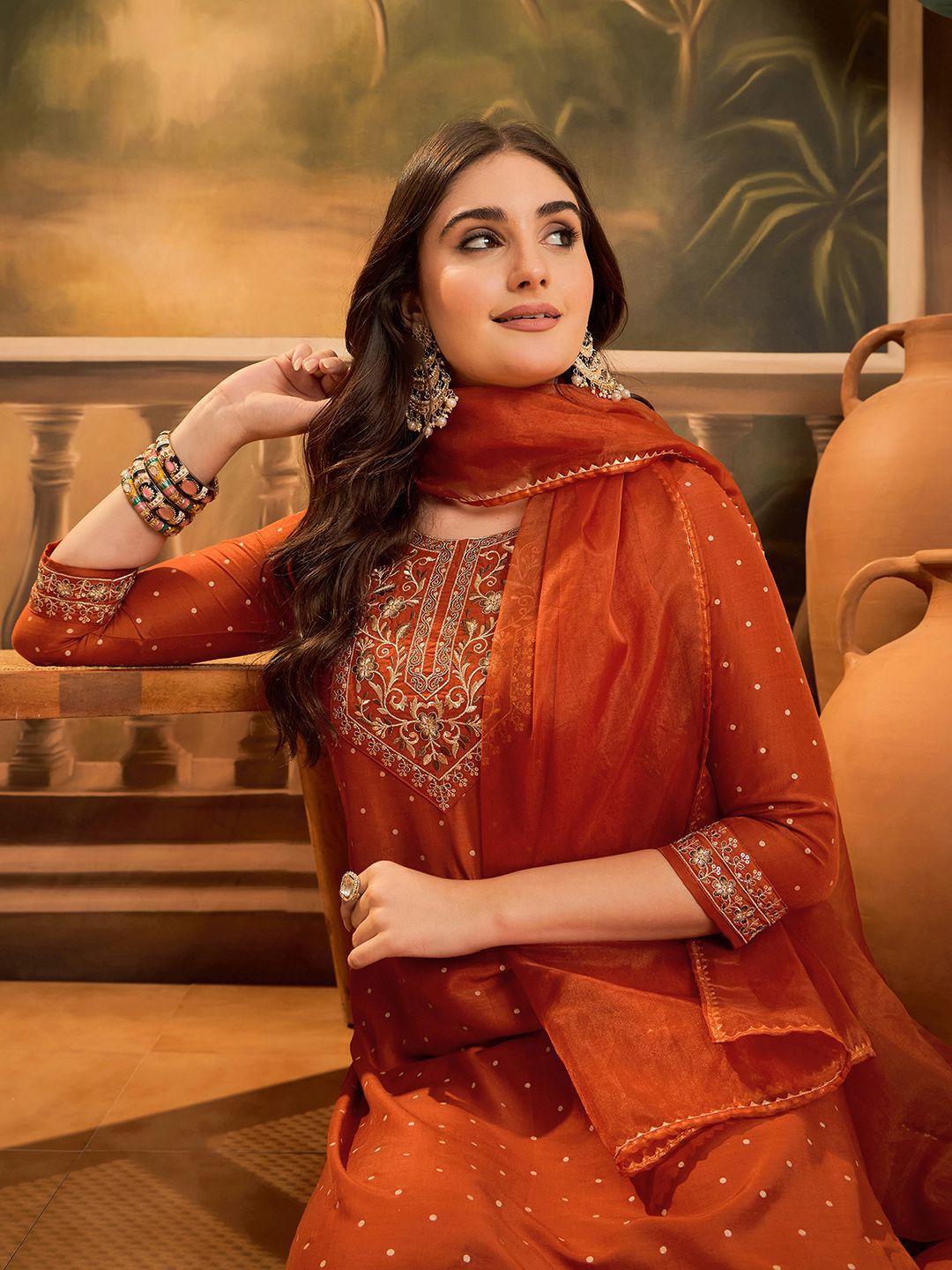 Dhiyona SN Women's Polka Dots Printed V-Neck Thread Work Chinon Kurta With Trousers & Dupatta