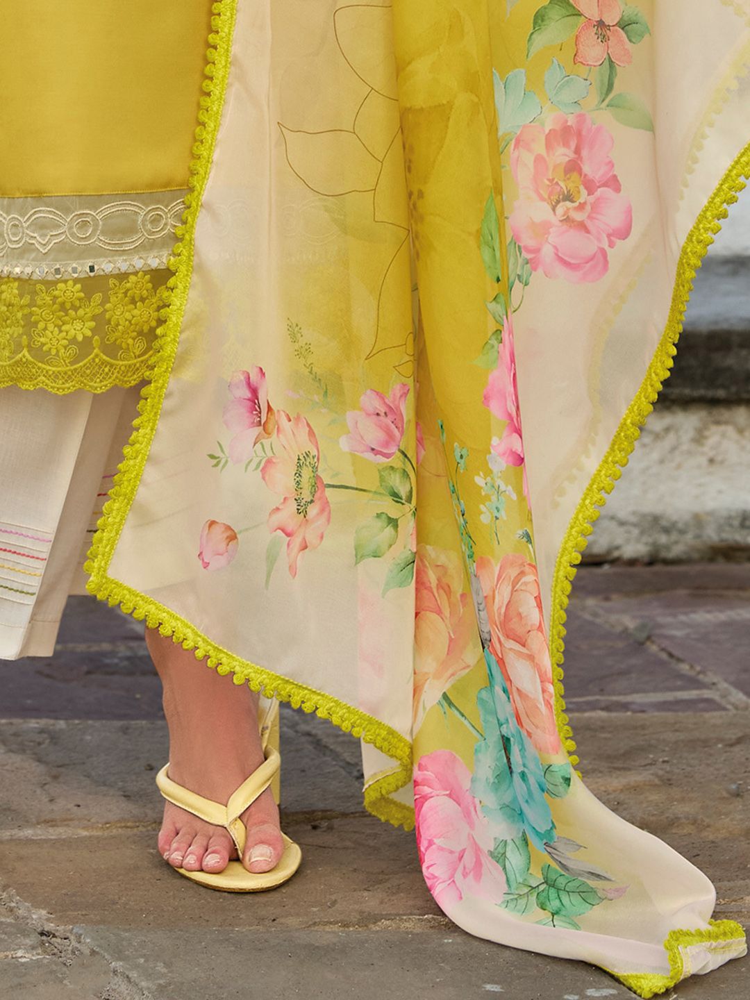 Floral Embroidered Mirror Work Straight Kurta With Trousers & Dupatta