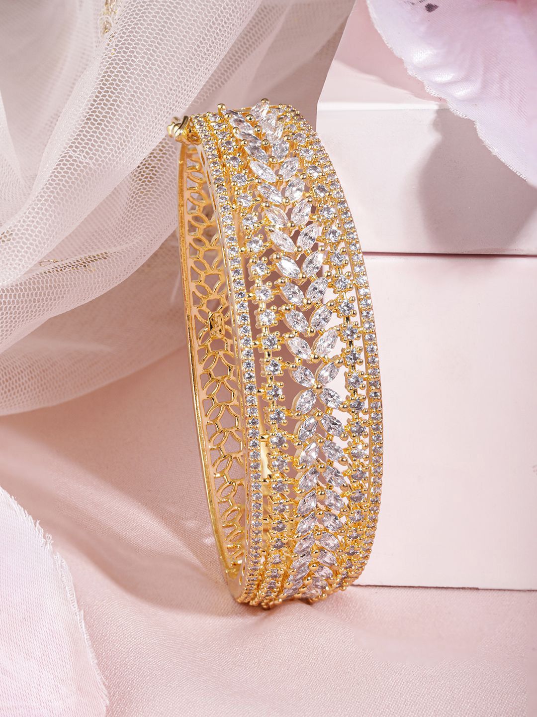 Dhiyona RJ Women's Gold-Plated Cubic Zirconia-Studded Bangle-Style Bracelet