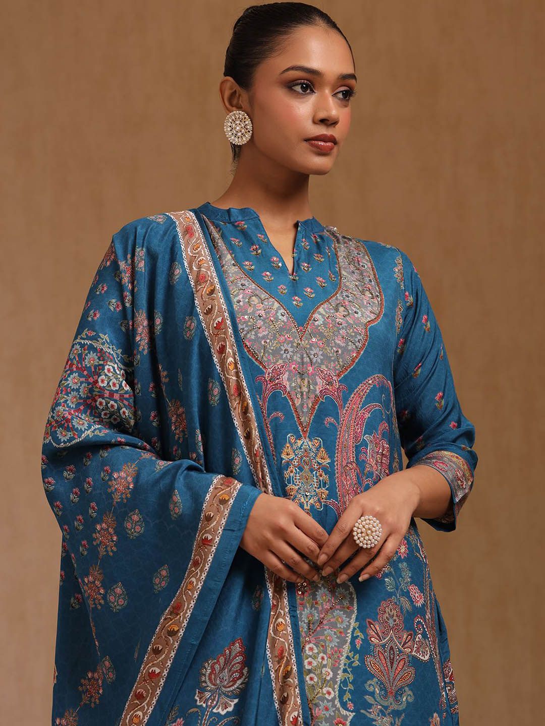 Dhiyona SO Women's Floral Printed Beads and Stones Straight Kurta with Trouser & Dupatta