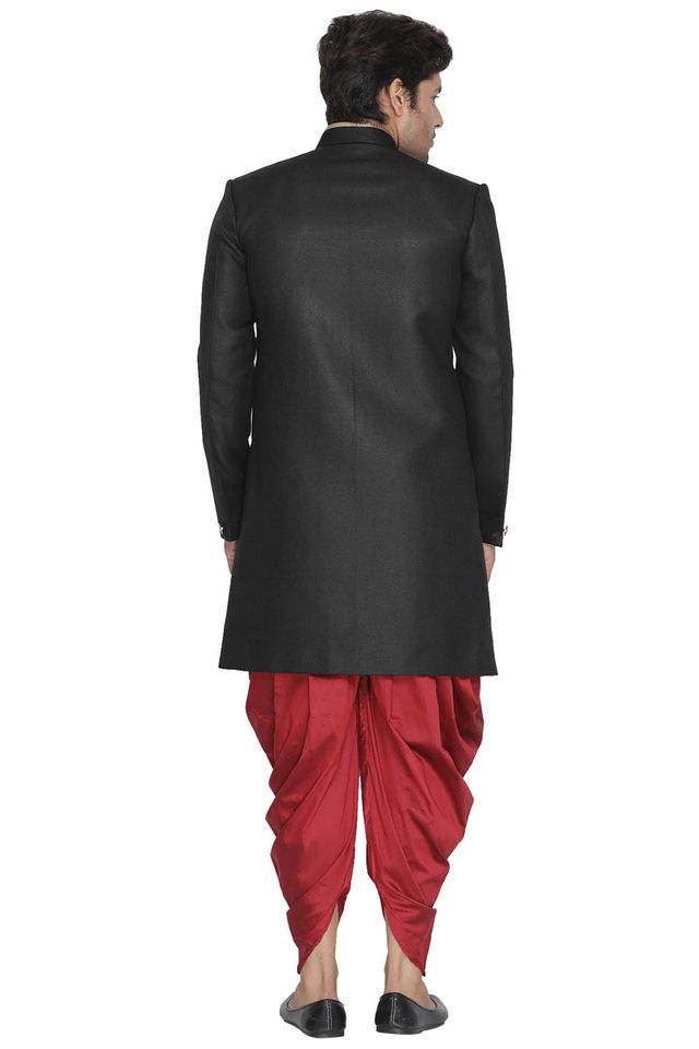 Men's Black Polyester Lurex Blend Straight Sherwani Set