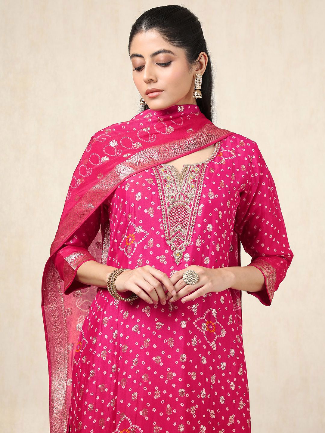 Dhiyona SO Women's Bandhani Printed Notch Neck Organza Sequinned Kurta With Trousers And Dupatta