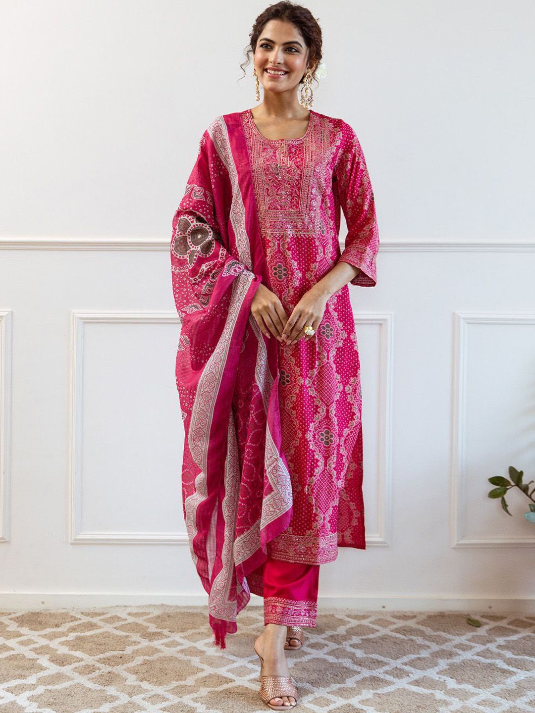 Dhiyona IS Women's Floral Embroidered Sequinned Kurta With Palazzos & Dupatta