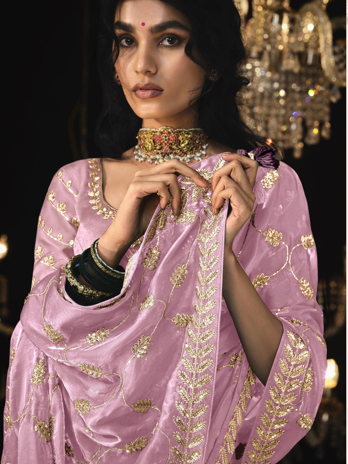 Dhiyona KM Women Light Pink Silk Saree With Golden Sequin Work