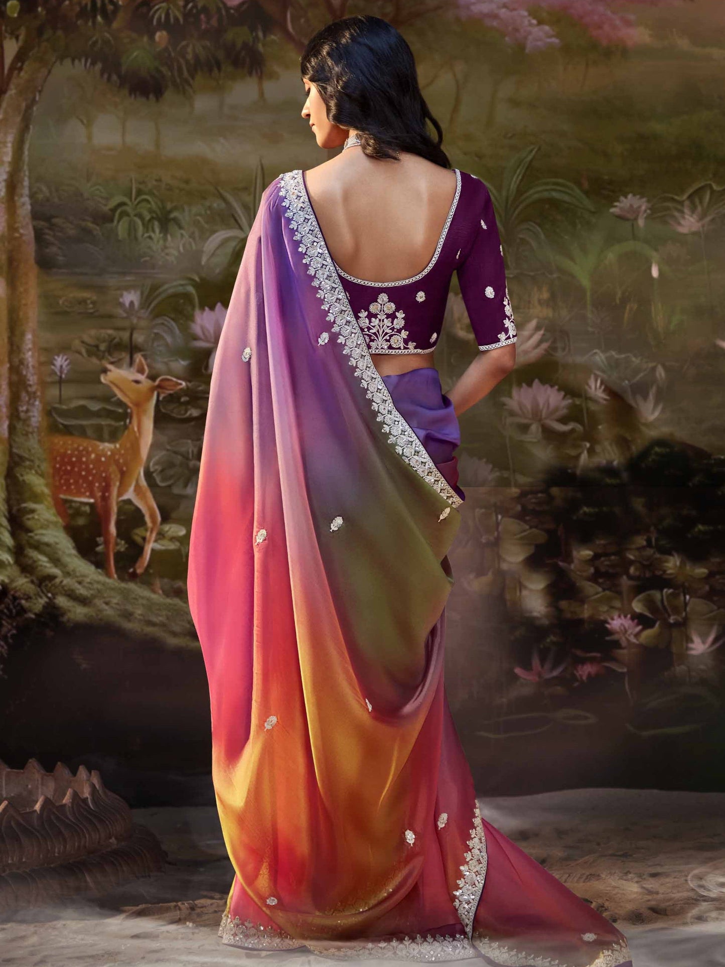 Dhiyona KM Women Multicolor Pure Tissue Silk Saree With Embroidered Designer Blouse