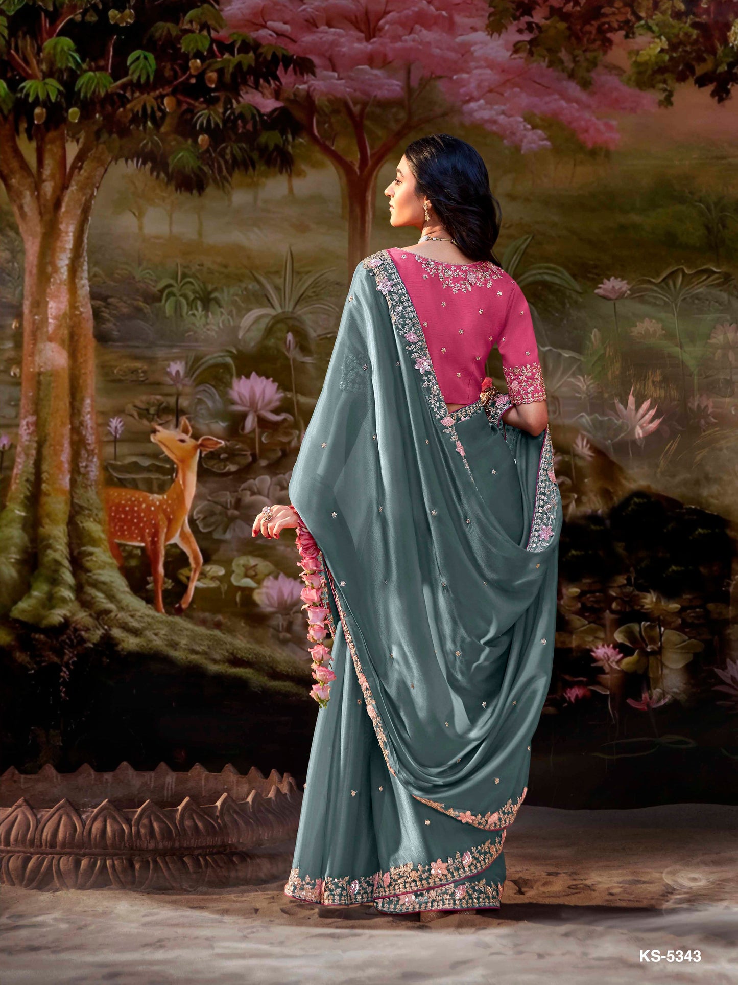Dhiyona KM Women Teal Embroidered Designer Silk Saree With Pink Blouse