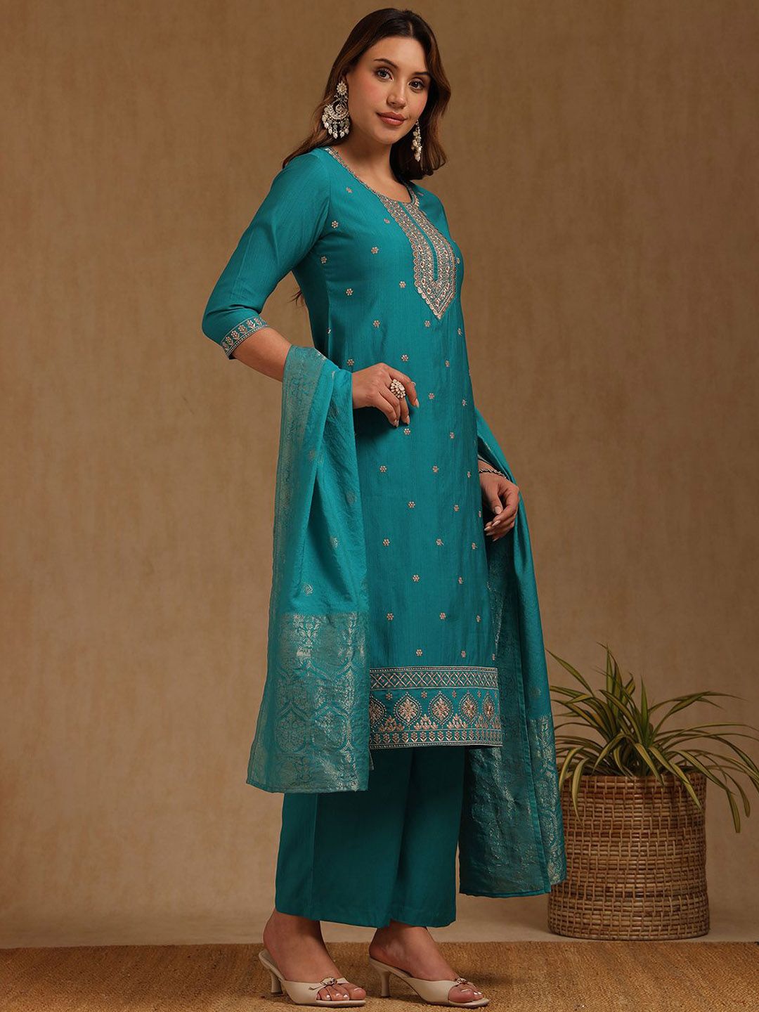 Dhiyona SO Women's Ethnic Motifs Embroidered Round Neck Straight Kurta With Palazzo & Dupatta