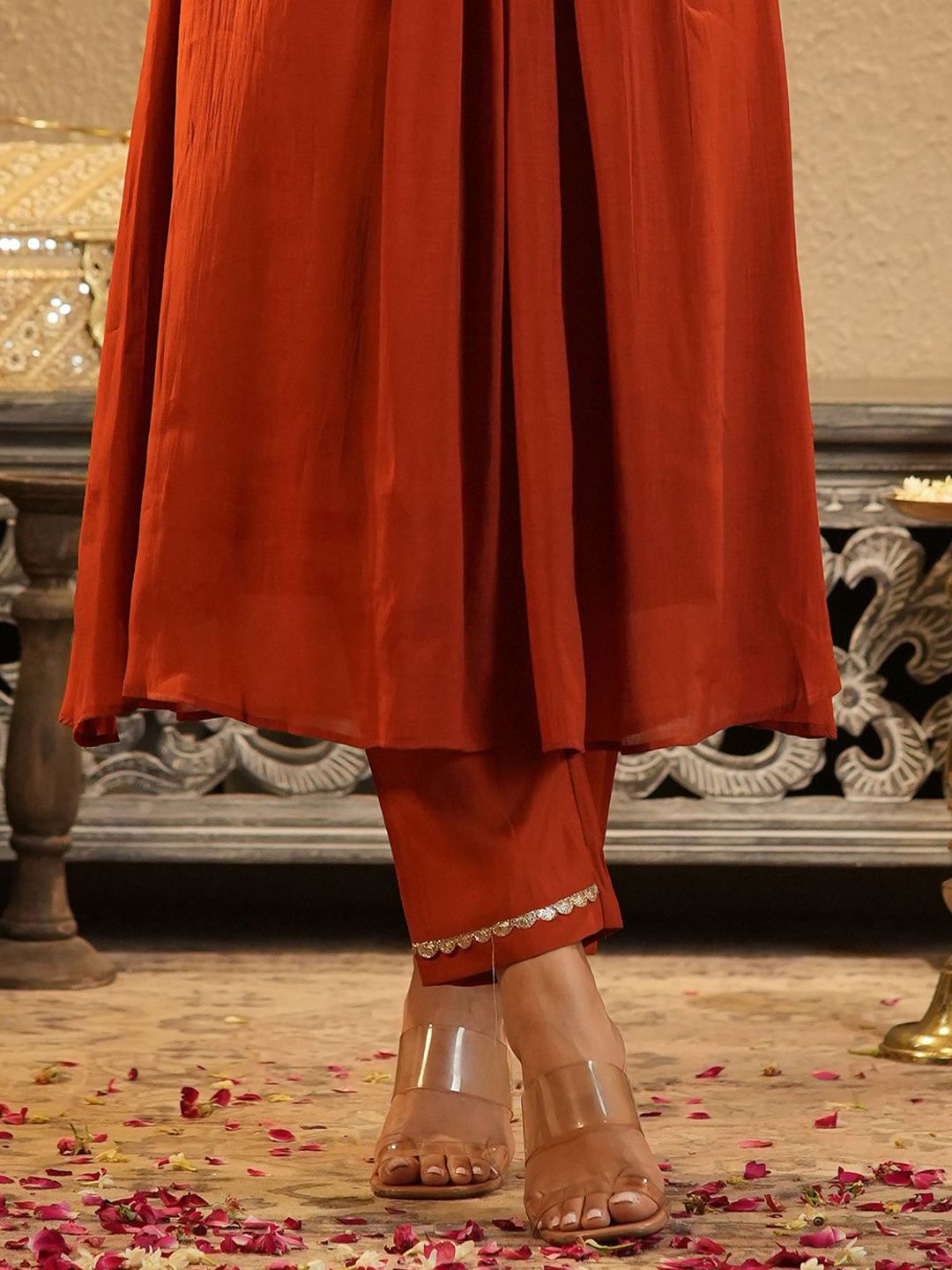 Floral Yoke Design V Neck Zari Chanderi Silk A-Line Kurta & Trousers