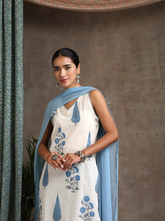 Women's Floral Printed V-Neck Pure Cotton Straight Kurta With Palazzos & Dupatta